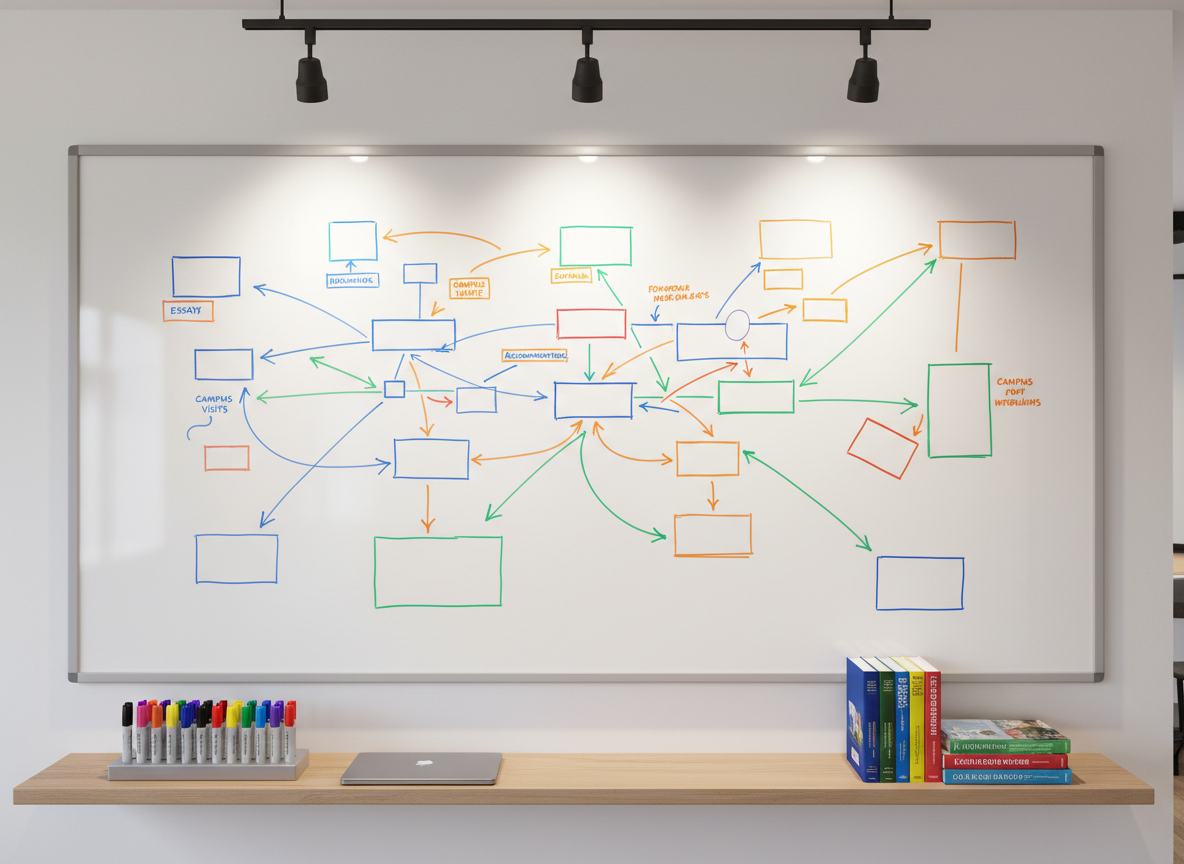 A large wall-mounted whiteboard in a contemporary office, filled edge to edge with neatly drawn timelines, application milestones, and arrows connecting tasks like essays, recommendations, and campus visits, all represented as clean, abstract shapes without legible text. Below the board stands a narrow floating shelf holding color-coded markers, a closed laptop, and a tidy row of college guidebooks with generic but colorful spines. Overhead track lighting provides bright, even illumination, creating crisp highlights on the glossy whiteboard surface and subtle reflections on the metal marker tray. The atmosphere is dynamic yet controlled, suggesting strategic planning for college admissions. Captured in photographic realism from a straight-on perspective, with symmetrical composition and moderate depth of field to emphasize structure and organization.