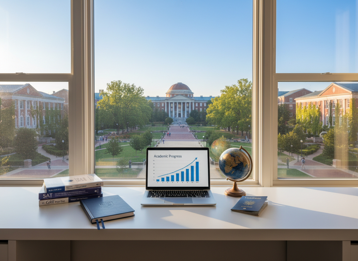 A sunlit study nook featuring a long, minimalist white desk beneath a broad window overlooking a generic but stately red-brick campus quad with tree-lined walkways and a domed building in the distance. On the desk lie a closed navy-blue notebook embossed with a subtle emblem, a tidy stack of standardized test prep books, and a slim laptop showing a simple bar chart of academic progress. A small globe and a passport resting beside it hint at international students planning to study in the United States. Soft morning light pours in, creating a warm, optimistic atmosphere and delicate reflections on the laptop surface. Photographic realism with a wide-angle, eye-level composition, maintaining sharp focus throughout to convey clarity and possibility.
