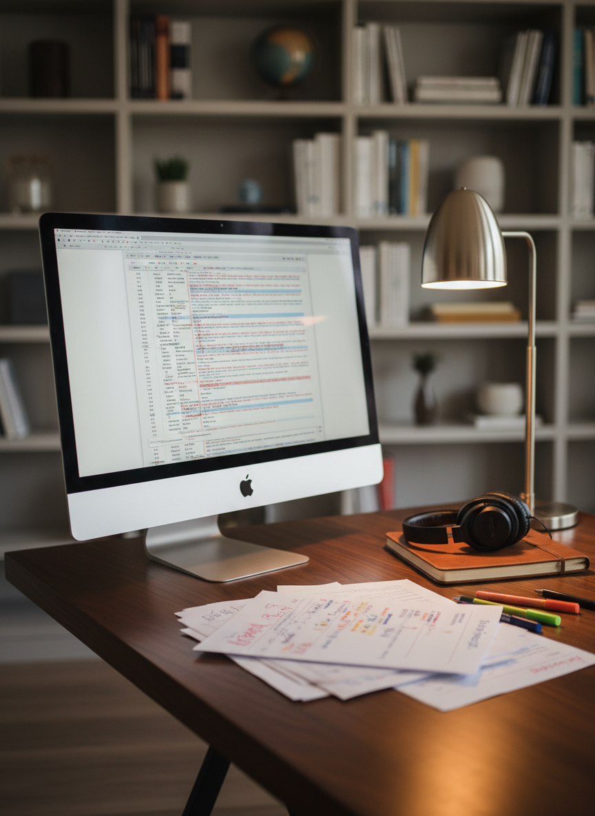 A sophisticated workspace dedicated to essay coaching, featuring a dark walnut desk with a large monitor displaying a document full of tracked edits represented as red and blue highlights, without readable text. Beside the monitor, a pair of noise-cancelling headphones rests on a leather-bound notebook, and a slim desk lamp with a brushed metal finish casts a focused pool of warm light across printed pages marked with colorful annotation symbols. The background fades into a softly blurred bookshelf lined with academic resources and neutral decorative objects. The lighting combines the desk lamp’s warm glow with gentle ambient room light, creating a concentrated yet inviting mood. Photographic realism, shot from a three-quarter angle with a shallow depth of field, emphasizing precision, care, and professional guidance in the college admissions process.