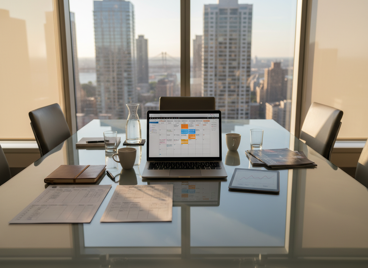 An elegant meeting table in a quiet, glass-walled office, topped with a detailed college planning session layout. At the center sits an open laptop displaying a calendar view packed with application deadlines, flanked by printed checklists, a slim tablet showing standardized test score graphs, and a small stack of glossy U.S. university brochures. In the background, large windows reveal an out-of-focus cityscape, hinting at global opportunity. Late-afternoon natural light streams in, softened by sheer blinds, casting refined, linear shadows across the table. The mood is calm, strategic, and reassuring. Shot from a slightly elevated angle in photographic realism, the composition follows the rule of thirds, emphasizing organization and expert guidance without any people present.
